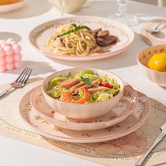 Ceramic Dinnerware Set, Floral Plates and Bowls Sets, Microwave & Dishwasher
