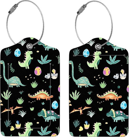 2 Pcs Luggage Tags for Suitcases, PU Leather Cruise Ship Luggage Tags with Privacy Cover Label Address Card and Durable Metal Ring Suitable for Men Women Handbags Backpacks Schoolbag,Small Dinosaur
