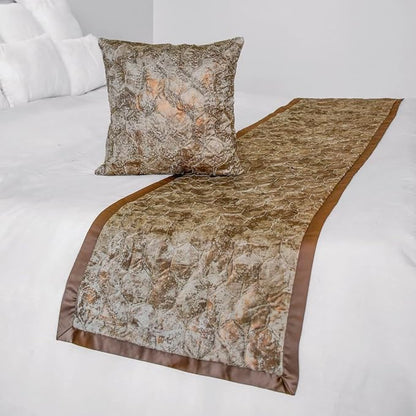 The HomeCentric King/Queen/Twin Copper Designer Twin 53"x18" Bed Runner with 2 Pillow Cover, Beaded & Foil Bed Scarf on Silk Fabric - Aranka