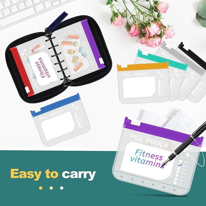 A7-L Timueetech Water-Proof Pill Pouch Set, BPA Free, A7-L Pill Loose-Leaf Storage with Color-Coded Medicine Pouches, Large Reusable Travel Medicine Organizer， Zippered Pill Organizers Weekly