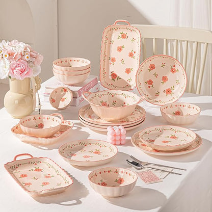 Ceramic Dinnerware Set, Floral Plates and Bowls Sets, Microwave & Dishwasher