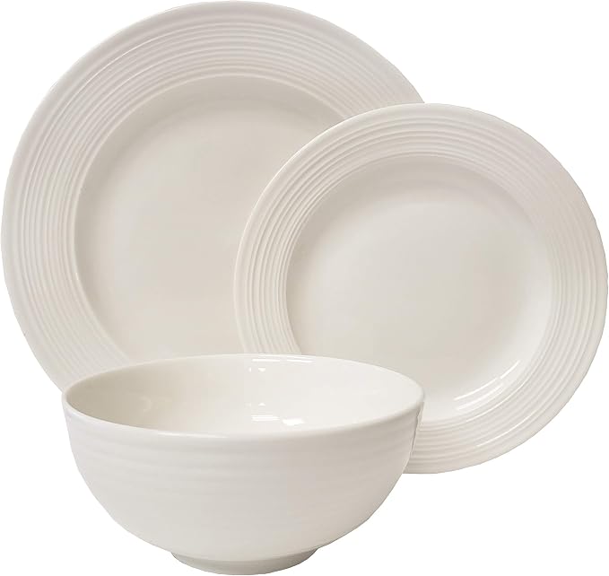 Tabletops Gallery Embossed Bone White Porcelain Round Dinnerware Collection-