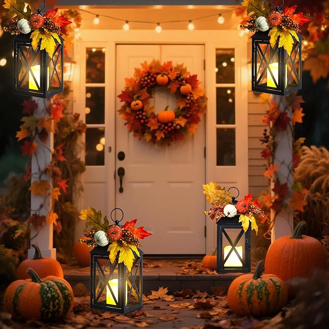 Fall Decor Lantern for Home, Large Decorative Lanterns Outdoor Waterproof 12" Battery Powered Decorative Lanterns Metal Hanging LED Candle Holder, Flameless Candle Lantern for Indoor 2 Packs