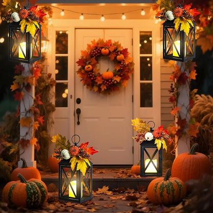 Fall Decor Lantern for Home, Large Decorative Lanterns Outdoor Waterproof 12" Battery Powered Decorative Lanterns Metal Hanging LED Candle Holder, Flameless Candle Lantern for Indoor 2 Packs