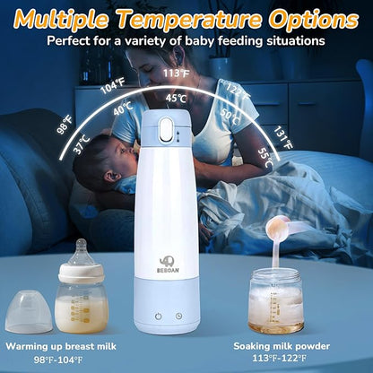 BEBOAN Portable Bottle Warmer for Travel On The Go, Portable Milk Warmer 5-Temp Setting with Lock 12oz Large Capacity, Cordless for Heating Breast Milk Charging with 55w Charger to Get Fast Charging