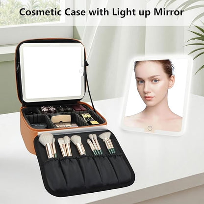 Travel Makeup Bag with LED Mirror Travel Makeup Organizer with 3 Lighted Settings, Adjustable Dividers and Makeup Brush Storage Bag Orange-Brown