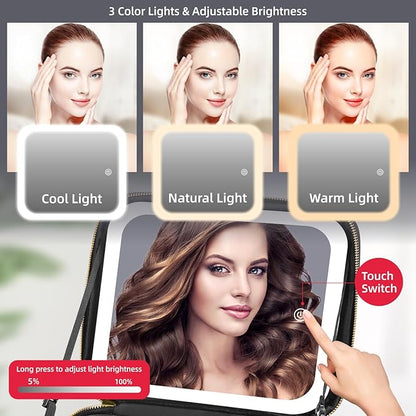 Lighted Travel Makeup Bag - 3 Colors, Mirror, 2-Layer Organizer with 10X Magnifying Mirror - Portable Cosmetic Case with Adjustable Dividers (Black)