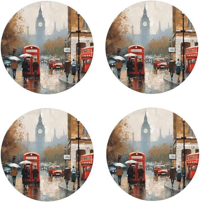 4Pcs Leather Coaster for Drinks London Impression Cup Coasters Aesthetic Drink