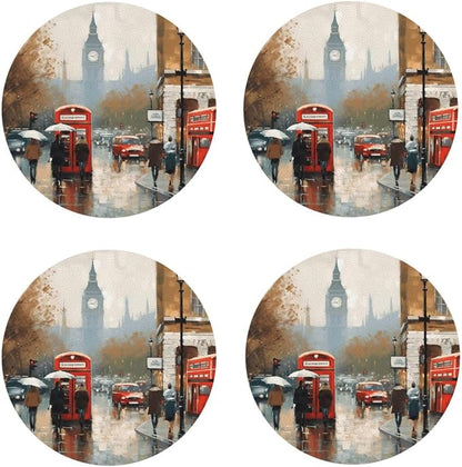 4Pcs Leather Coaster for Drinks London Impression Cup Coasters Aesthetic Drink