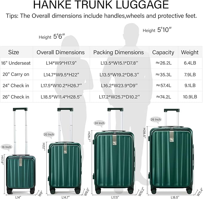 Hanke 16 Inch Underseat Carry On Suitcases with Wheels,Lightweight Hard Shell Carry on Luggage for Weekender,Top Opening Small Suitcase,Travel Luggage for Womem Men,Dark Green.