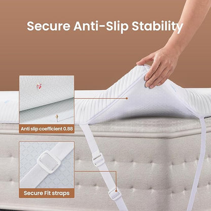 OhGeni 3 Inch Cooling Twin XL Gel Memory Foam Mattress Topper Pad,Washable Bed Cover with Anti-Slip Base,Zipper & Straps,Extra Comfort & Back Pain Relief, Medium Feel,College Dorm Room Essential