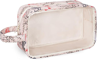 Narwey Clear Toiletry Bags for Traveling Women Men, Clear Travel Bags for Toiletries Makeup Bag Cosmetic Bag with Zipper, Make Up Organizer, Skincare Bag (Beige Flamingo)