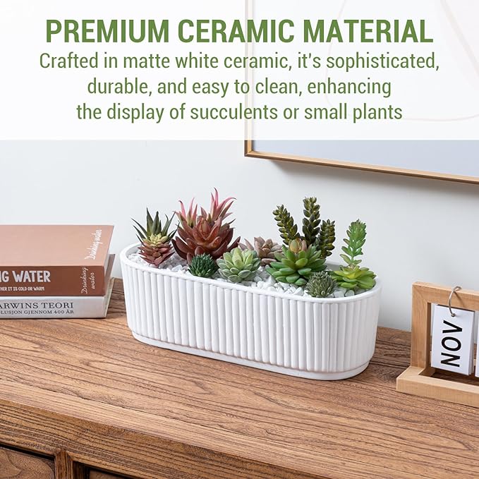 MyGift 12 Inch Ceramic Succulent Planter, Oval Matte White Planter Pot