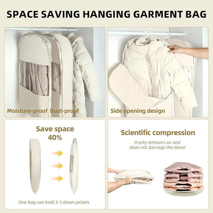 2 Pack Space Saving Garment Bag with Self Compression Zipper, Garment Bags for Hanging Clothes, Compression Bags for Storage, Hanging Garment Bag for Coats and Down Jackets (M, Beige)