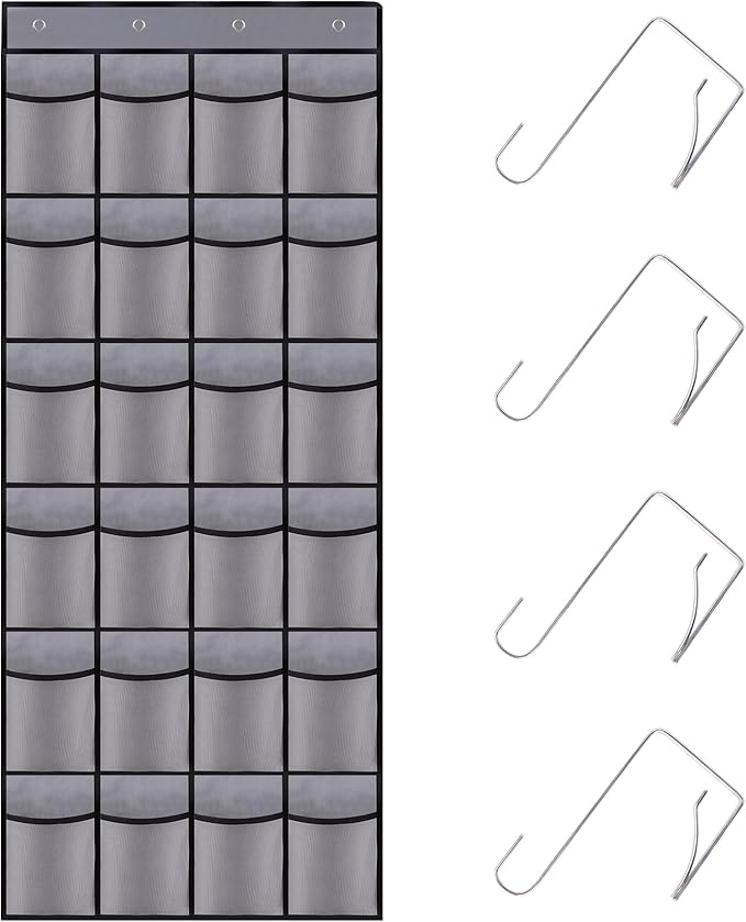 Over the Door Shoe Organizer, 24 Large Breathable Mesh Pockets, Hanging Storage Holder, Hanging Shoe Organizer(Grey)
