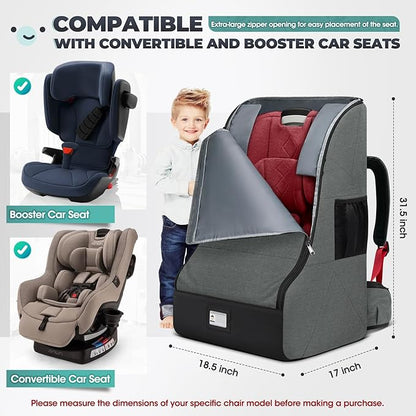 RAINSMORE Padded Car Seat Travel Bag for Airplane Heavy Duty Car Seat Backpack for Air Travel Baby Carseat Cover Bags for Airport Large Car Seats Carrier Fits Car Seats & Booster Seats,Gray