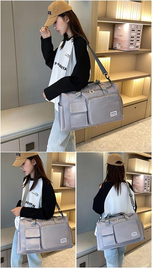 Multipurpose 20L Foldable Duffel Bag Gym Yoga Bag Carry-On Shopping Sack Travel Organizer Cabin Bag Sundry Package Wet&Dry Compartment (Gery)