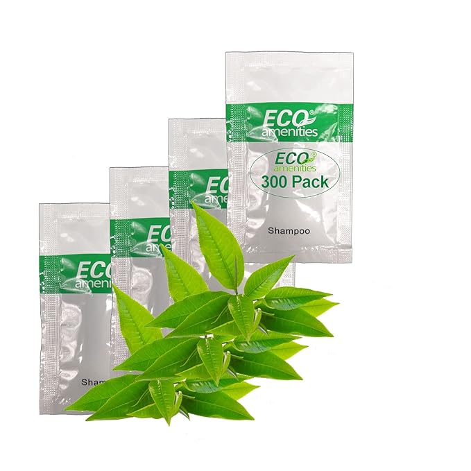 ECO Hotel Amenities - Refreshing Mini Shampoo Sachets for Guests and AirBnB Rentals - 0.35 fl oz (10ml) per Green Tea Scented Pouch, 300 Pack