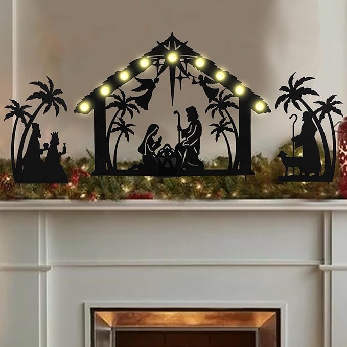 3Pack Lighted Metal Nativity Scene Garden Stake, Solar Christmas Decorations