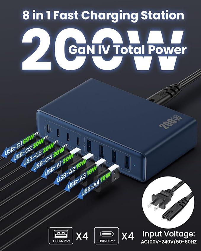 200W USB C Charger Block,GaN IV Charging Station 8 Ports,QC4.0 Fast Charging Station Hub+PD 65W USB C Laptop Charger Adapter Compatible with MacBook Air/Pro,DELL,iPhone 16/15,iPad,Steam Deck-Deep Blue
