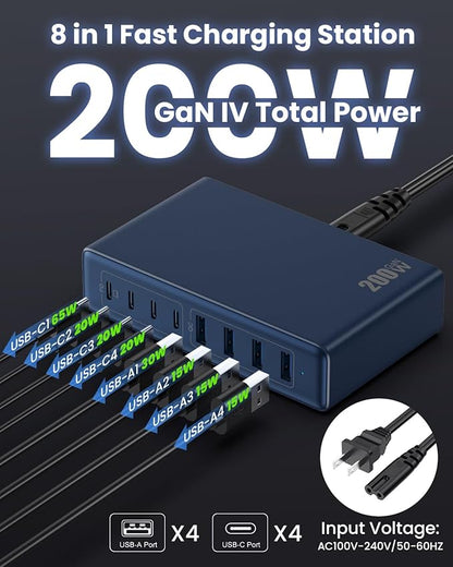 200W USB C Charger Block,GaN IV Charging Station 8 Ports,QC4.0 Fast Charging Station Hub+PD 65W USB C Laptop Charger Adapter Compatible with MacBook Air/Pro,DELL,iPhone 16/15,iPad,Steam Deck-Deep Blue