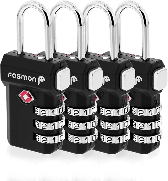 Fosmon TSA Accepted Luggage Locks, (4 Pack) Open Alert Indicator 3 Digit Combination Padlock Codes with Alloy Body and Release Button for Travel Bag, Suit Case & Luggage - Black