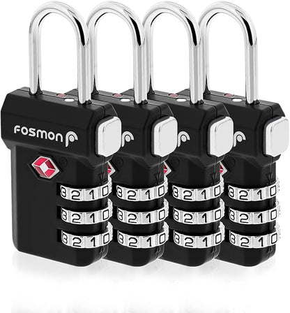 Fosmon TSA Accepted Luggage Locks, (4 Pack) Open Alert Indicator 3 Digit Combination Padlock Codes with Alloy Body and Release Button for Travel Bag, Suit Case & Luggage - Black