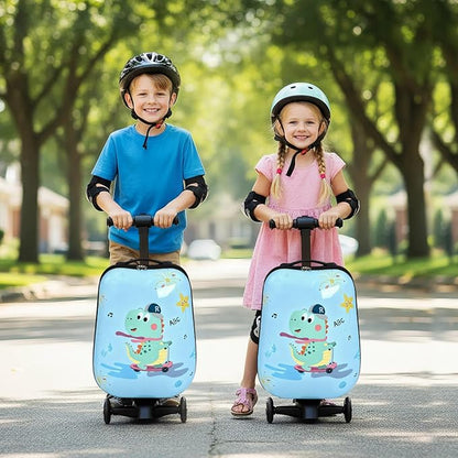 4-in-1 Detachable Scooter Luggage for Kids & Teens – Hardside Ride-On Suitcase with Led Light Up Wheels, Dinosaur Design, Lightweight Foldable, Perfect Travel Gift for Boys(Light Blue 22-inch)