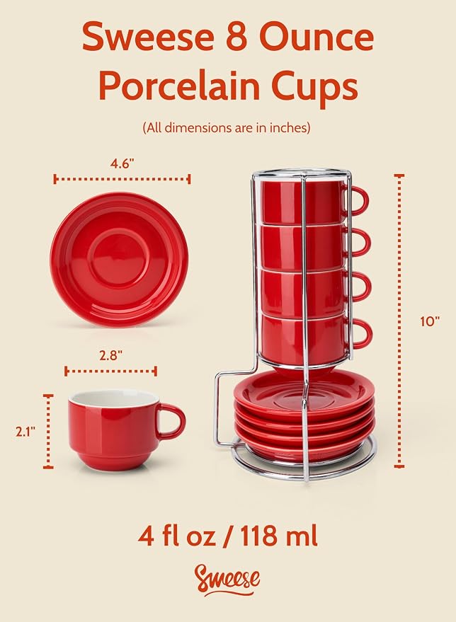 Sweese 8 Ounce Porcelain Stackable Cappuccino Cups