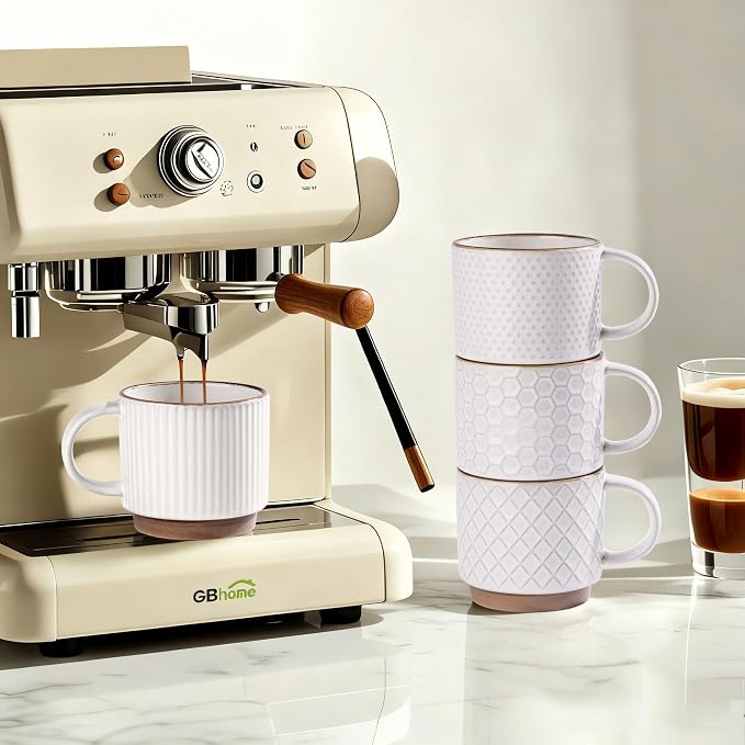 GBhome 12 OZ Stackable Coffee Mugs Set of 4, Ceramic White Coffee Cups Set |