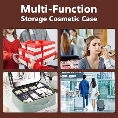 Travel Makeup Bag for Women and Makeup Artists Cosmetic Organizer Large Makeup Case,Travel Makeup Bag with Mirror 3 Color Setting,Portable Storage and Adjustable Dividers(Dark brown)