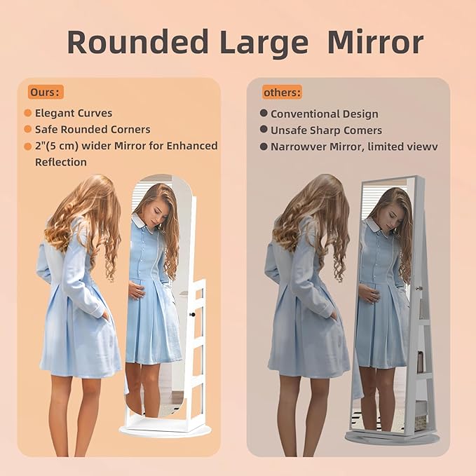 RQZ 8 LEDs Jewelry Cabinet Armoire Standing, 360° Swivel Jewelry Organizer, Lockable Jewelry Storage with Rounded Wide Full-Length Mirror, 4 Storage Shelves, Interior Mirror (61.4" H)