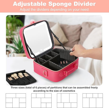 Mocado Travel Makeup Bag with LED Lighted Mirror,Travel Makeup Organizer,Makeup Case with 3 Color Lighted Setting and 10x Magnifying Mirror,Portable Storage and Adjustable Dividers Makeup Box(Red)