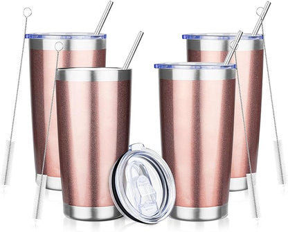 20oz Tumbler with Straw and Brush, Stainless Steel Vacuum Insulated tumbler, Double Wall Insulated Coffee Tumbler for Outdoor, Home, Travel,Office (Rose Gold,4pcs)