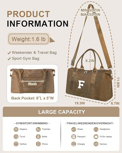 Birthday Graduation Gifts for Daughter,Initial Travel Duffel Bag Sports Gym Bag for Girls Teen Kids Birthday Gifts,Personalized Weekender Bag Carry On Tote Bags Cute Overnight Bag for Women(Brown, F)