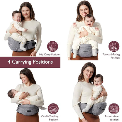Momcozy Hip Seat Baby Carrier - Adjustable Waistband with Original 3D Belly Protector, Ergonomic Carrier with Various Pockets for Newborns & Toddlers up to 45lbs (Grey, Large)