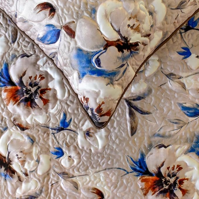 The HomeCentric King/Queen/Twin Ivory Luxury King 90"x18" Bed Runner with Two Pillow Cover, Floral, Quilted Bed Scarf on Satin Fabric - Floral Harmony