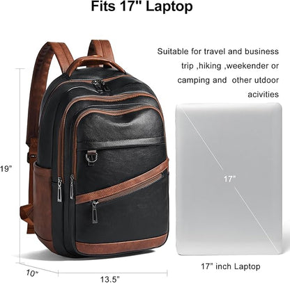 43L Backpack for Women Men - Vegan Leather Backpack Purse Travel Carry-on Bag College Bookbag Work fits 17" Laptop,Black&Brown
