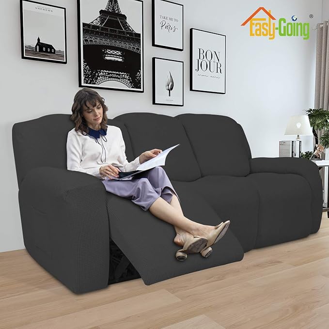 Easy-Going 8 Pieces Recliner Sofa Stretch Sofa Slipcover Sofa Cover Furniture Protector Couch Soft with Elastic Bottom Kids, Spandex Jacquard Fabric Small Checks Dark Gray