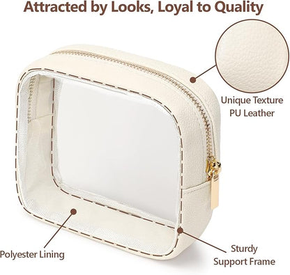 PACKISM Small Clear Makeup Bag - PU Leather Clear Travel Bags for Toiletries Mini Makeup Bag for Purse, Portable Cosmetic Bag Car Bag for Essentials for Women Gift Daily Use (Beige Mini)
