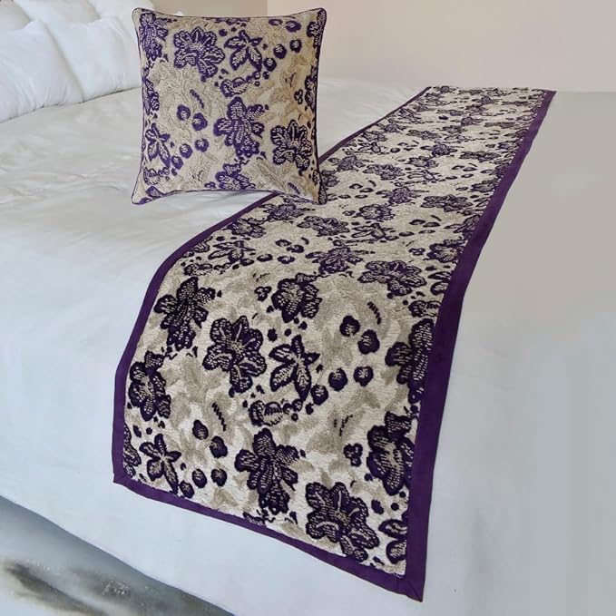 The HomeCentric King/Queen/Twin Purple Designer King 90"x18" Bed Runner with 2 Pillow Cover, Floral, Velvet Bed Scarf on Velvet Fabric - Plum Petal