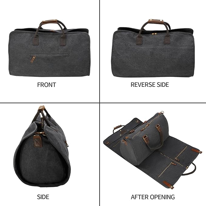 2 in 1 Canvas Leather Suit Luggage Garment Bag with Shoulder Strap for Travel and Business Trips (Black)