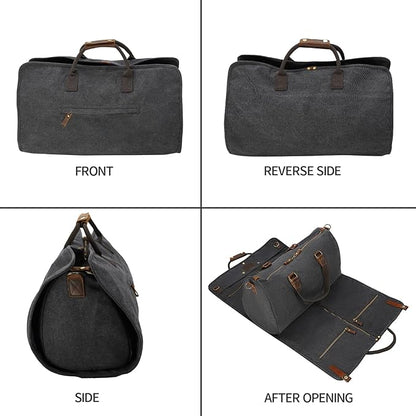 2 in 1 Canvas Leather Suit Luggage Garment Bag with Shoulder Strap for Travel and Business Trips (Black)