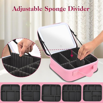 Travel Makeup Bag With LED Mirror,Makeup Travel Train Case with 3 Color Setting,Cosmetic Makeup Organizer Bag with Adjustable Dividers,Portable Make up Bag with Makeup Brush Holder Storage（Pink）
