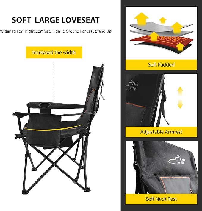 FAIR WIND Oversized Padded Camping Chair with Footrest Stool Set Heavy Duty Support 300 LBS Cooler Bag Chair - Black