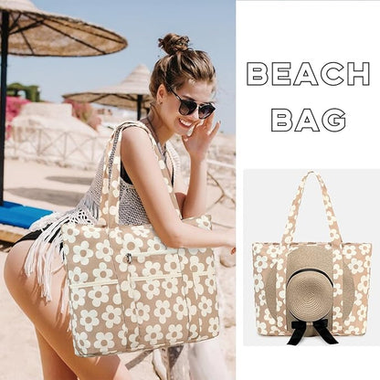 LEDAOU Beach Bags for Women, Beach Bags Waterproof Sandproof, Packable Beach Tote Bag with Zipper Travel Sports