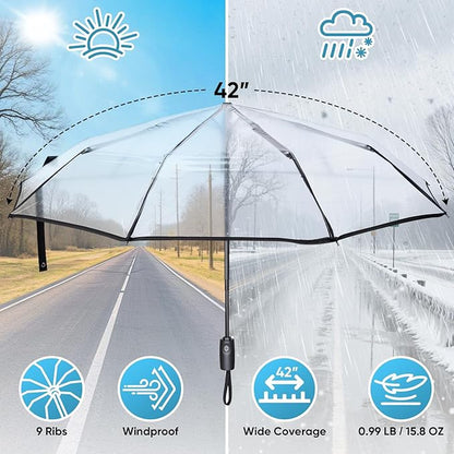 PTEROMY Windproof Compact Travel Umbrellas for Rain and Sun, Withstands 85MPH Winds Auto Open Close Folding Umbrella with Ergonomic Handle, Quick Dry Canopy for Commuting or Backpack