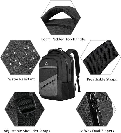 MATEIN 17 Inch Backpack for Men, Professional Work Office Laptop Backpack with USB Charging Port & Trolley Sleeve, Water Resistant Large College Daypack Travel Carry On, Black Grey