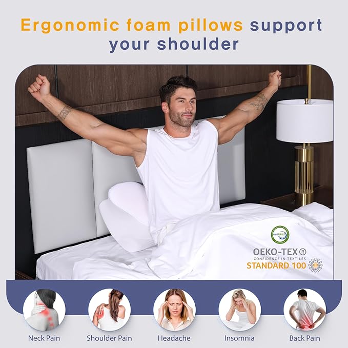 Dual-Height Cervical Neck Pillow for Pain Relief, Memory Foam Pillows with Cooling Tech -3D Ergonomic Support, Cooling Cover, for Side/Back/Stomach Sleeper Pillow, Minimalist Style - White