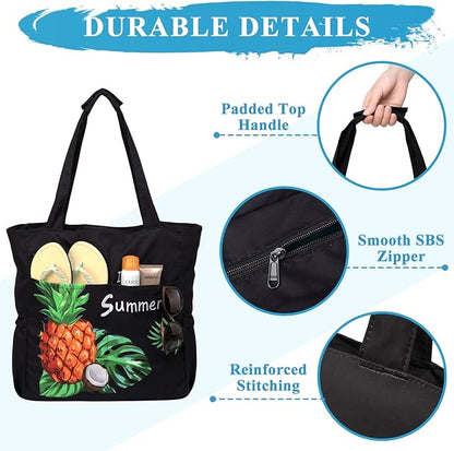VASCHY Beach Bag for Women, Large Waterproof Sandproof Fold-able Packable Pool Tote Bag w Zipper/Pockets